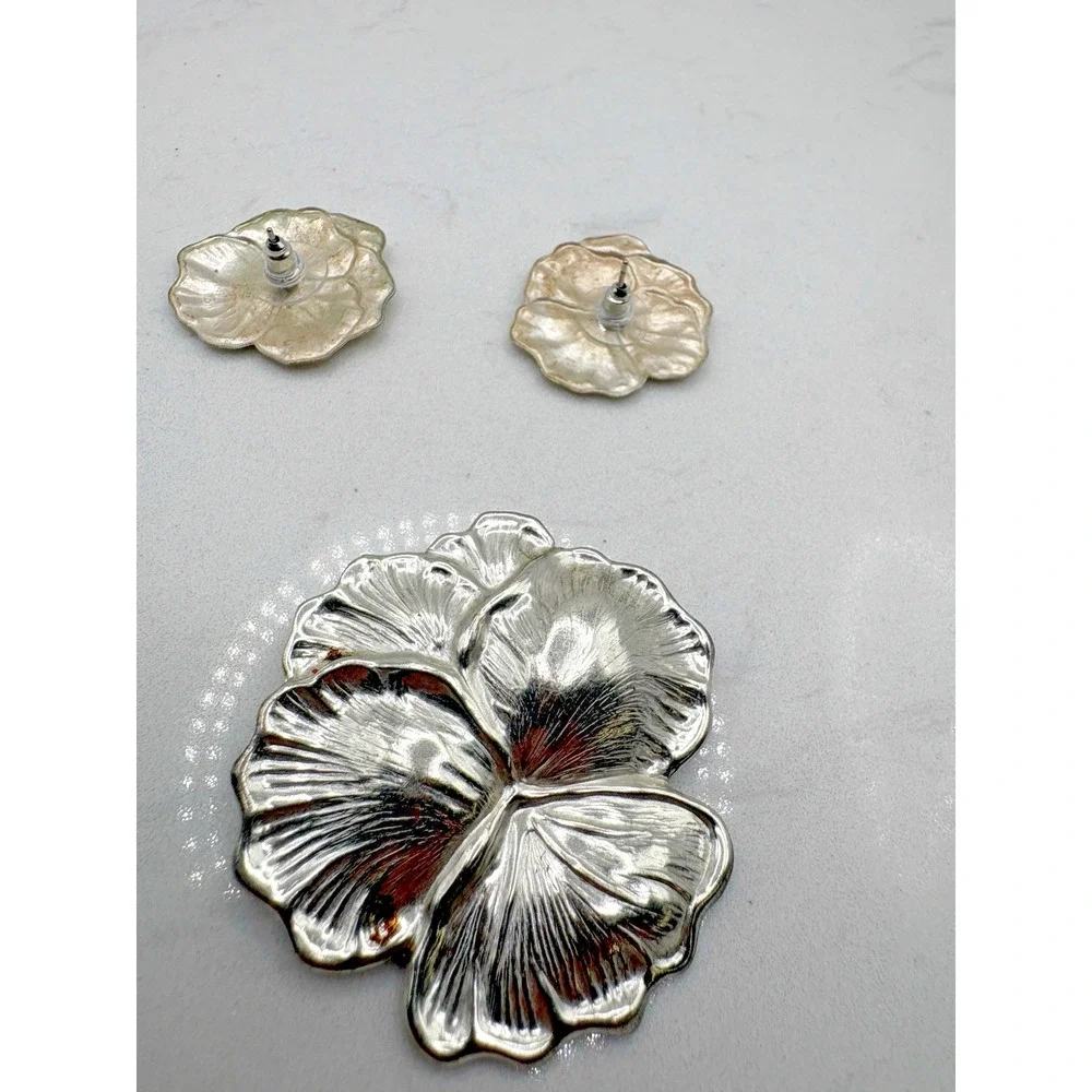 Set Earrings Brooch Pin Vintage Sterling Silver Repousse Pansy Flowers 14.26g